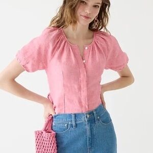 J.Crew Pink Linen Puff Sleeve Tie Back Top Size 4